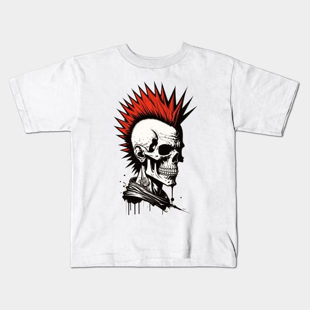 Red mohawk skull punkrocker Kids T-Shirt by DeathAnarchy